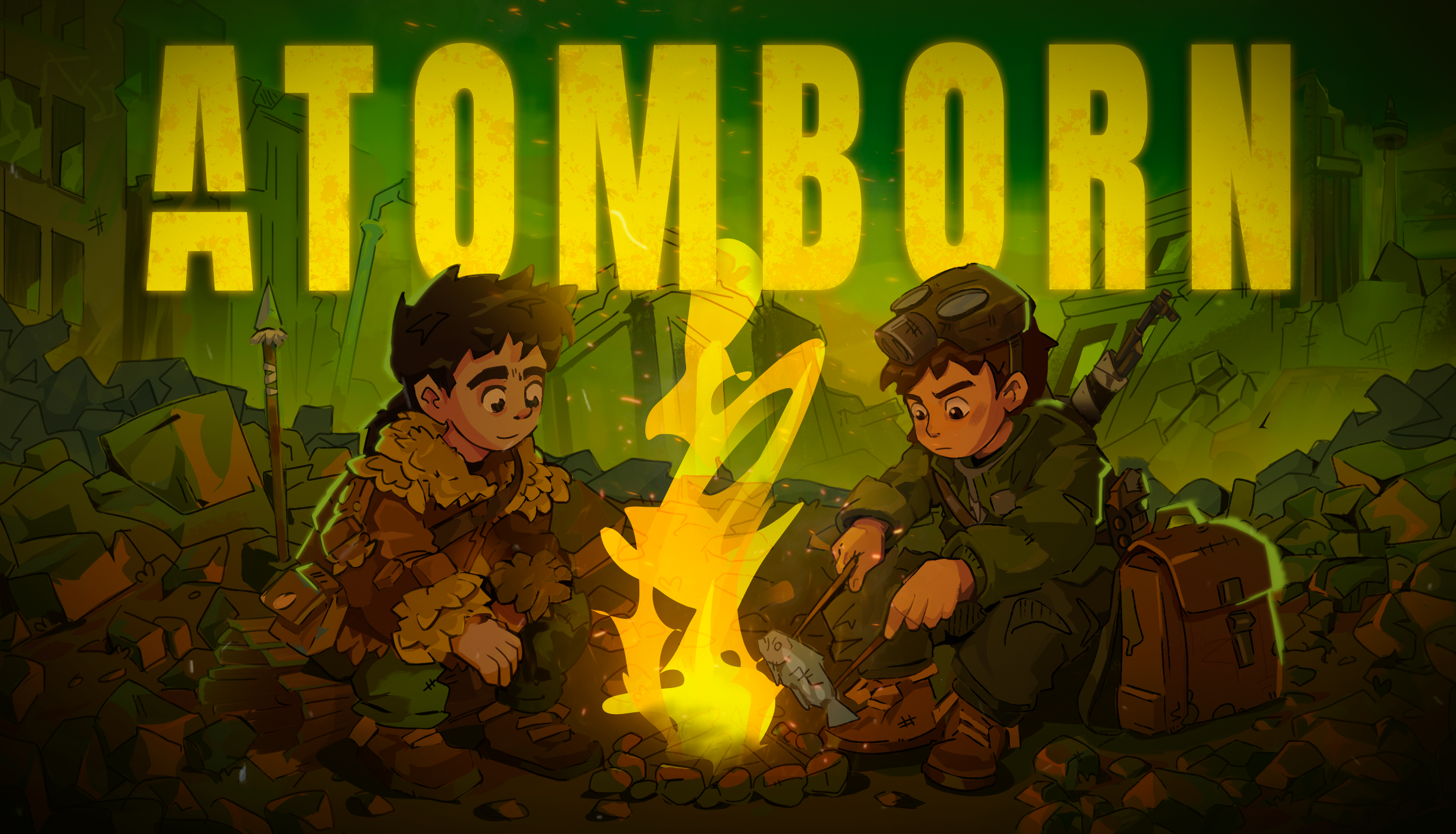 ATOM BORN Steam capsule art: two survivors by a campfire in post-apocalyptic Toronto